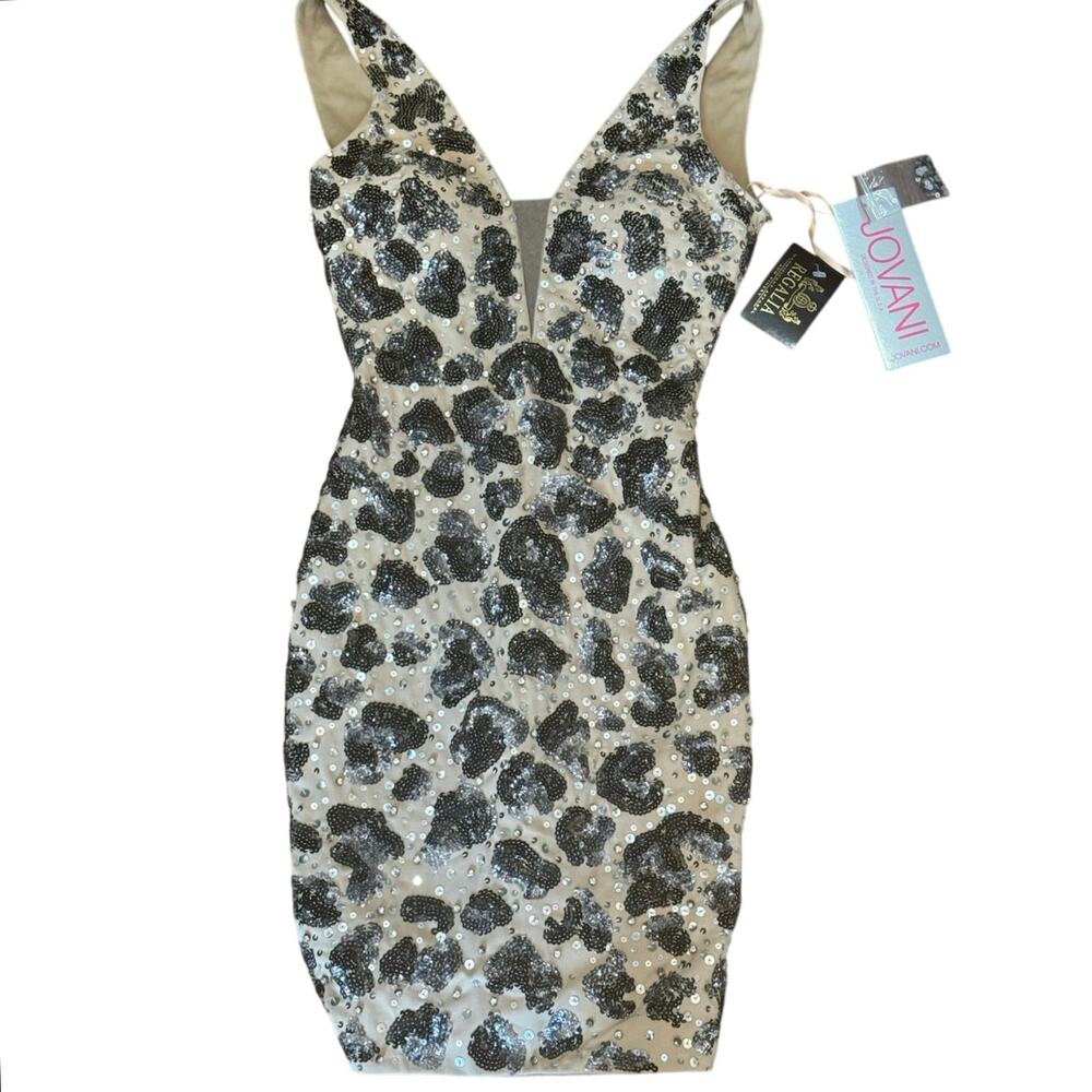 NWT Designer Jovani Sz.00 Mini Dress Sequin Leopard Print Nude Illusion Low Back